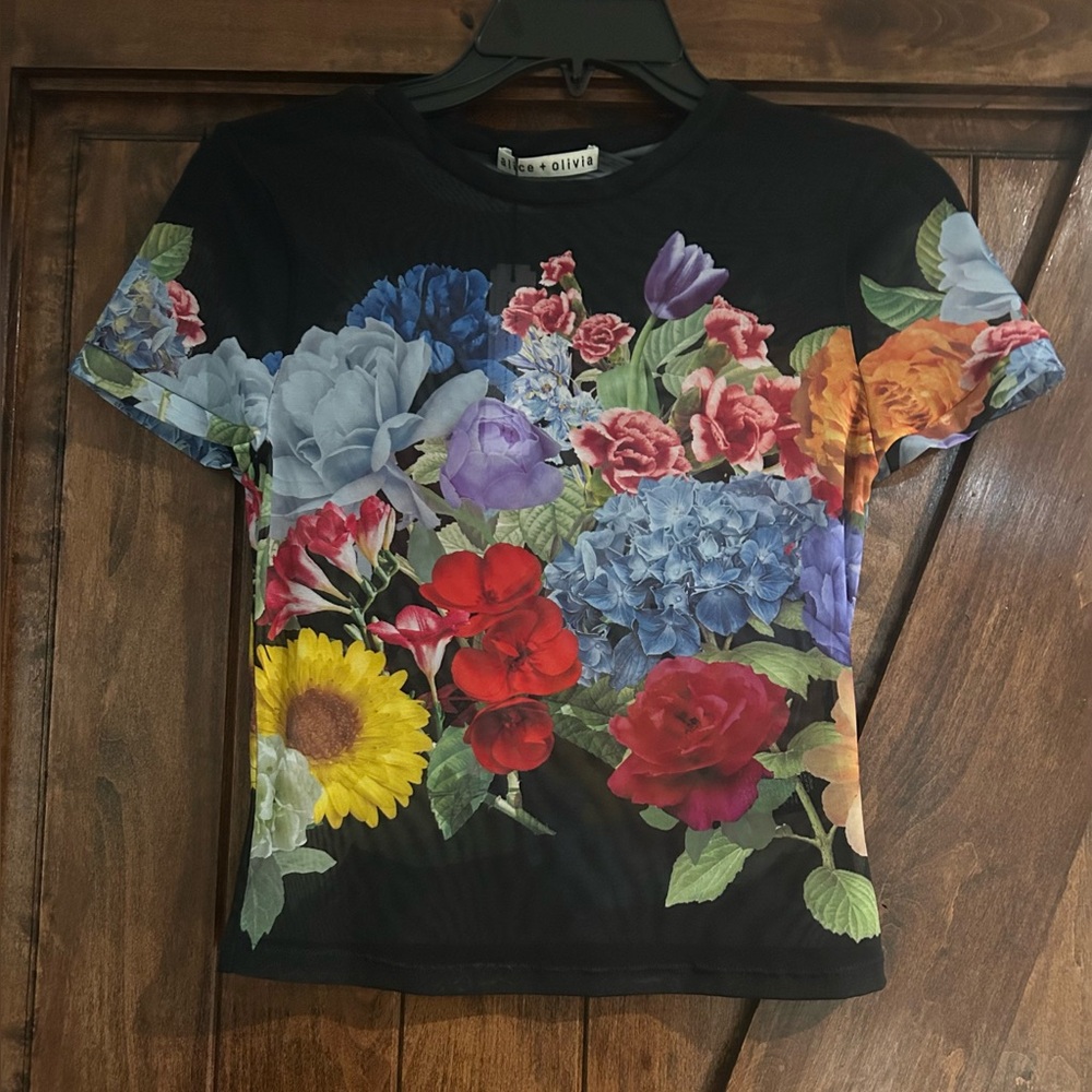 Alice + Olivia Tess Floral Semi-Sheer T-Shirt. Pants also available for sale. - Picture 8 of 9